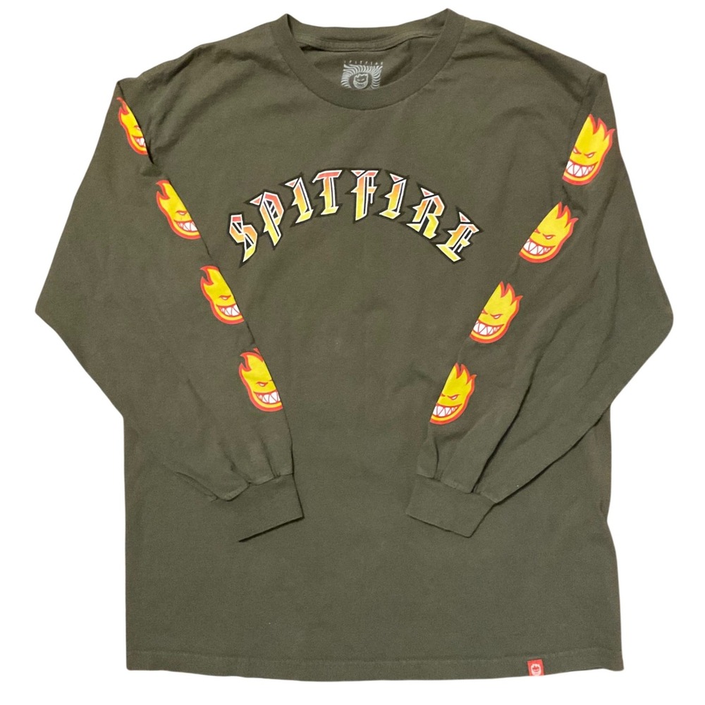 Spitfire Wheels Mens Large Olive Green Bighead Flame Long Sleeve Graphic T-Shirt